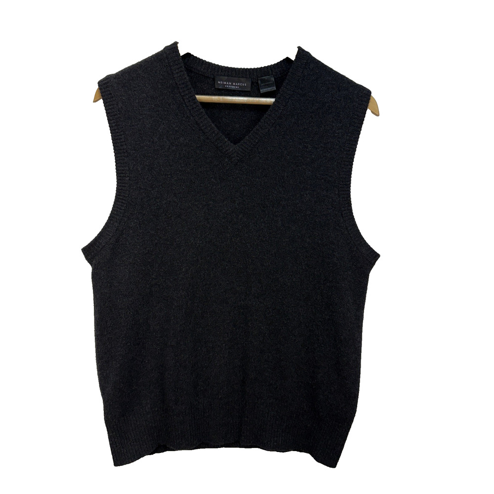 Neiman Marcus Mens Cashmere Knit V-Neck Sweater Vest Size M Black‎ Ribbed Trim